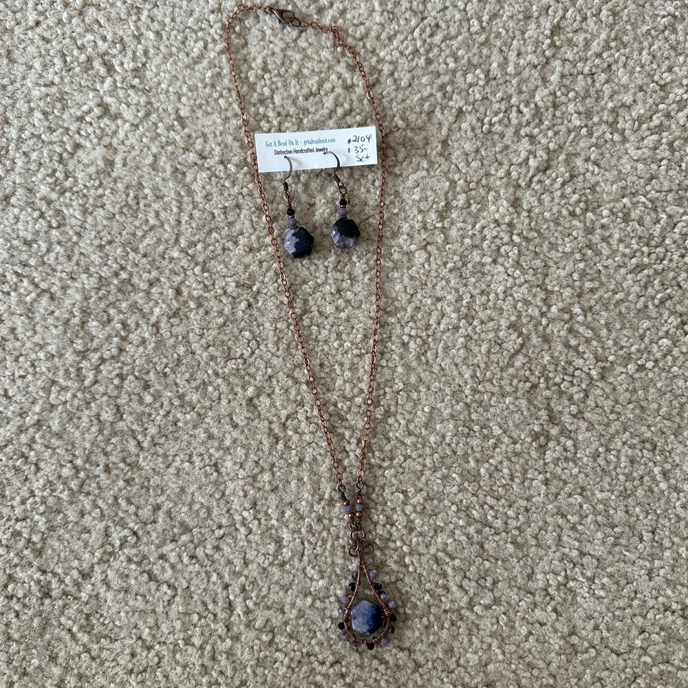 Elegant Copper and Purple Jewelry Necklace and Earring Set New